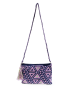 Purple and navy tapestry crochet crossbody bag with lavender triangle pattern.