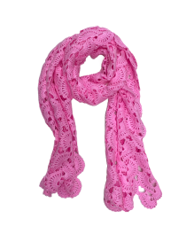 Full length handmade pink crochet lace scarf with fan stitch.