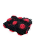 Folded black crochet scarf with 3D fuzzy red rose squares.