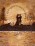 Detailed wood burning of couple silhouette and romantic quote.