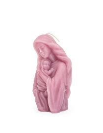 Close-up of the Virgin Mary's face on a pink figurine candle.
