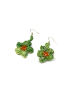Pair of handmade green crochet floral drop earrings with orange beads.