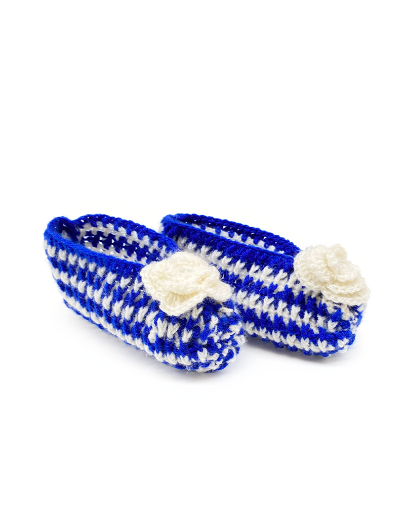 Handmade blue and white crochet slippers for women, size 37.