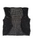 Flat lay view of a black crochet bolero-style jacket on a white background.