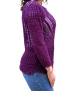 Back view of purple long sleeve crochet sweater showing intricate open-stitch detail.