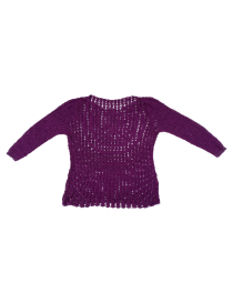 Top-down view of long-sleeved purple lace crochet top in 100% cotton.