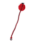 Full-length view of a handmade crochet ladybug bookmark with a weighted bead base.