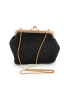 Close-up of black crochet bag showing textured macramé stitch.