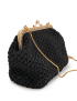 Side profile of the structured black macramé evening bag.