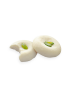 Two white Syrian Ghorayeba cookies with pistachio garnish on a white background.