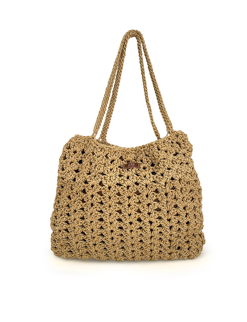 Front view of a handmade beige crochet tote bag with long handles.