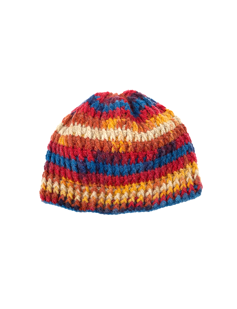 Front view of a colorful handmade crochet beanie with blue, red, and orange stripes.