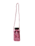 Pink kitty crochet phone bag with crossbody strap and smartphone inside.