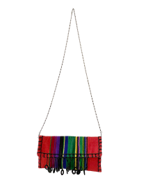 Front view of Sahra Nights colorful striped wool bag.