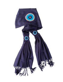 Navy blue pashmina displayed to show large back motif and smaller end motifs.