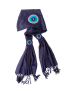 Navy blue pashmina displayed to show large back motif and smaller end motifs.