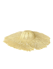 Side profile of wide-brim yellow cotton sun hat.