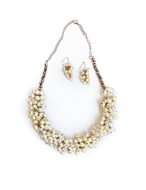 Cream white pearl cluster necklace and earrings set.