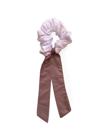 White satin hair scrunchie with detachable chocolate brown ribbon.
