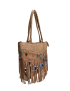 Angled view of handmade Bohemian tote showing leather straps and beadwork.