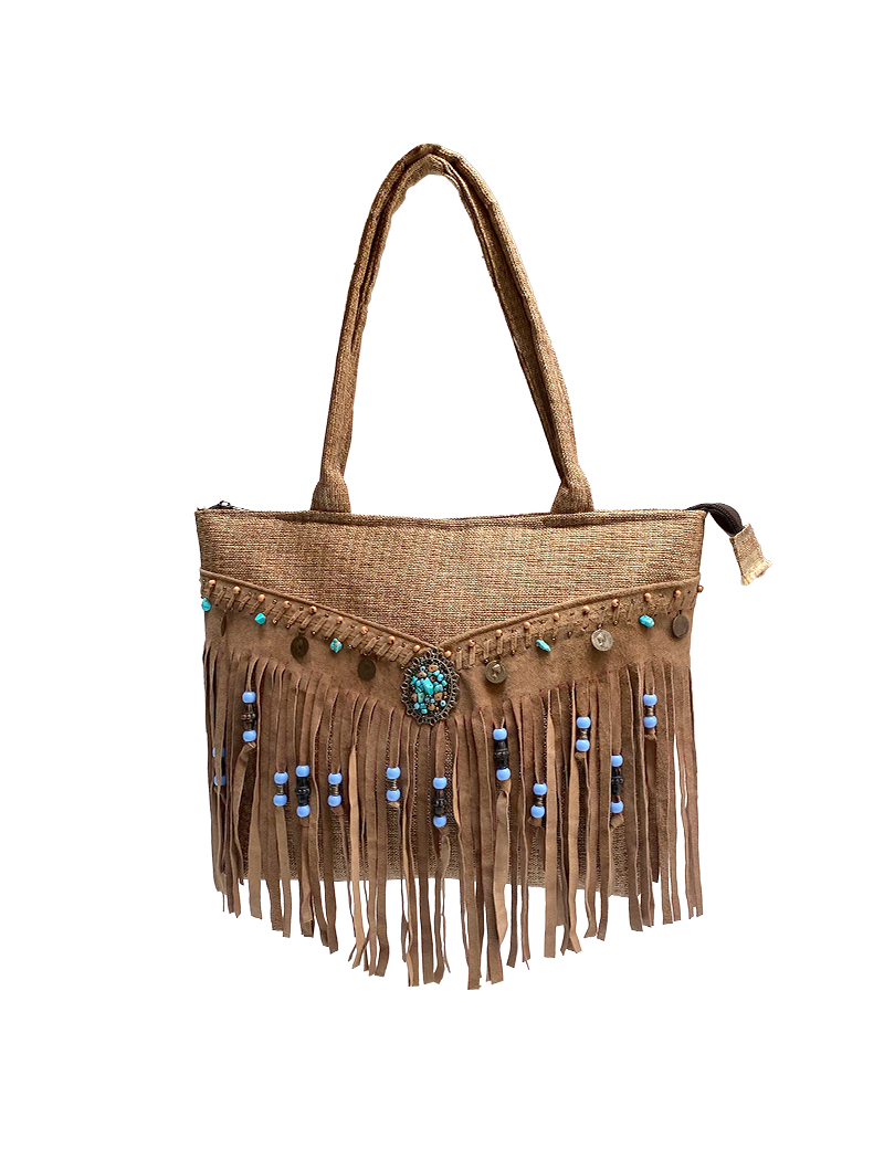 Front view of Fazlakat Bohemian Jute and Deer Leather Tote with fringe.