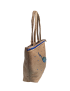 Profile view of the spacious peacock jute bag showing slim handles.