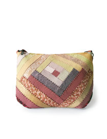 Top view of brown handmade patchwork bag showing high-quality stitching.