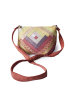 Full view of the brown Fazlakat patchwork bag with its durable fabric crossbody strap.