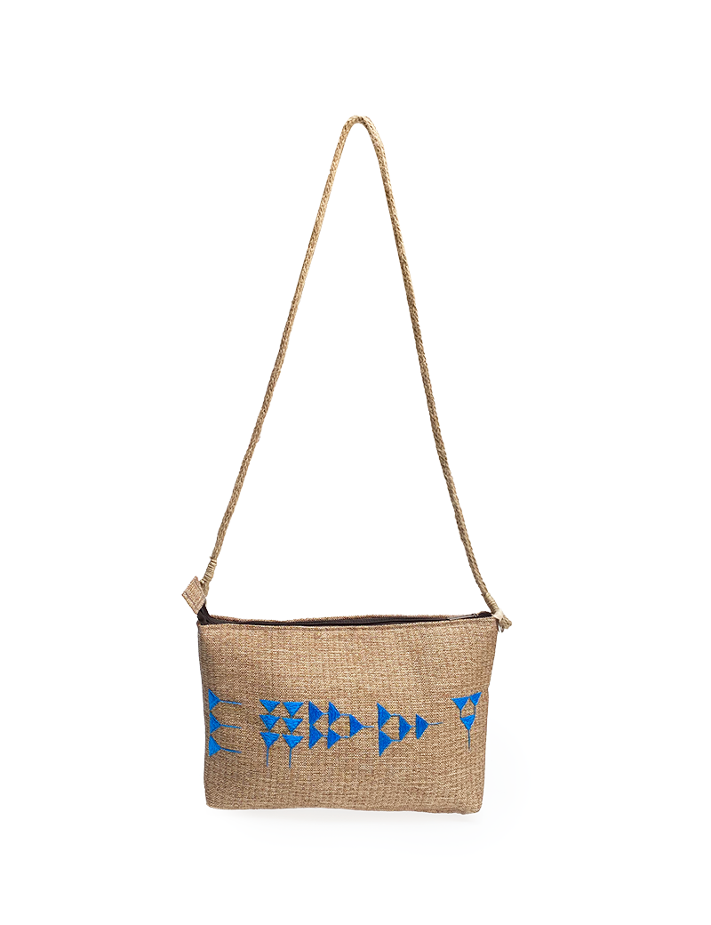 Front view of Phoenician Cuneiform embroidered jute bag with rope strap.