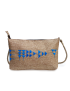 Detailed flat lay of blue Phoenician cuneiform symbols on a textured bag.