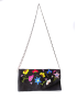 Fazlakat black flap bag with colorful floral embroidery and chain strap.