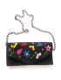 Black embroidered clutch bag with gunmetal-tone chain link strap.