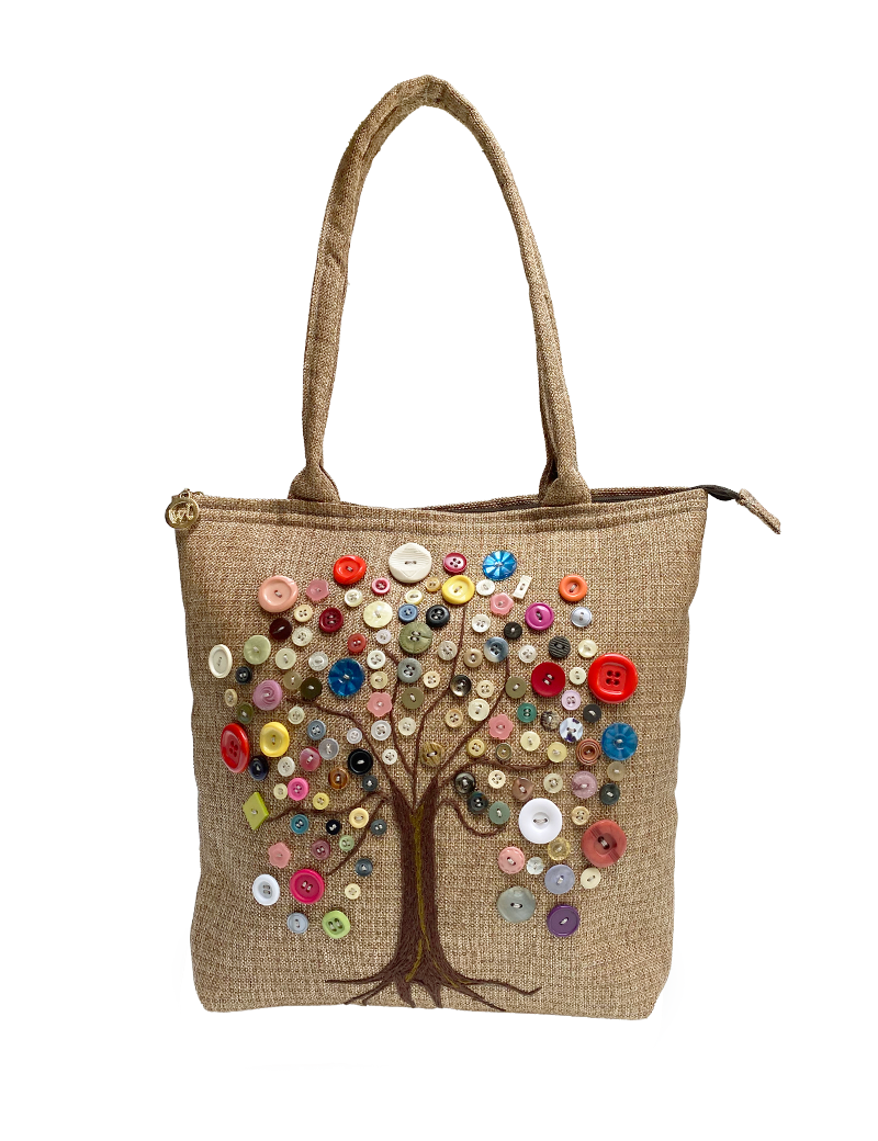 Tree of Life jute tote bag with colorful button art.