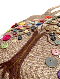 High-angle shot of textured embroidery on artisan bag.