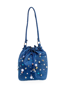 Front view of Fazlakat Rima Jeans upcycled denim bucket bag with pearls.