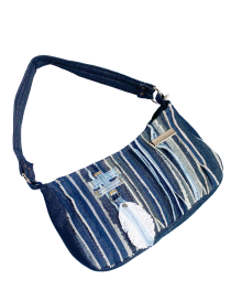 Top-down view of the handmade patchwork denim tote.