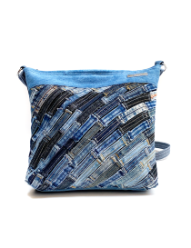 High-resolution front shot of the denim loop mosaic handbag.