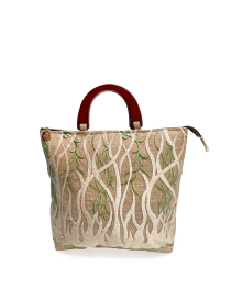 Front view of Fazlakat luxury jute tote with green vine embroidery.