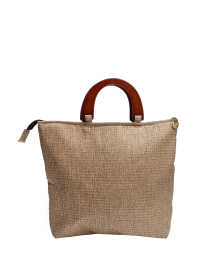 Rear view of the natural jute fabric bag with wooden handles.