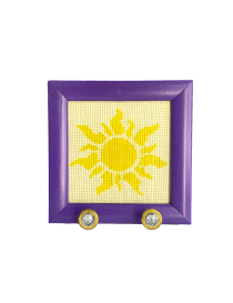 Purple square frame with yellow sun cross-stitch and two crystal hooks.