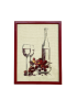 Framed wine and grapes cross-stitch wall art in red frame.
