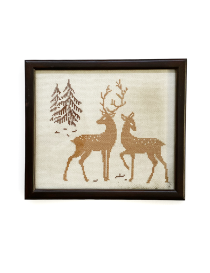 Framed cross-stitch embroidery of two deer in a forest 35x31cm.