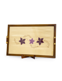 Handmade violet beaded flower tray with wooden frame and copper handles.