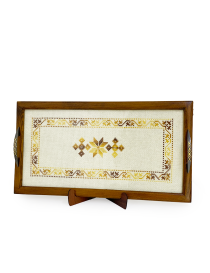 Handmade Syrian embroidery tray with golden floral patterns in a wooden frame.