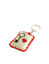Close-up detail of artisan needlework and metal keyring attachment on a Syrian-made gift.