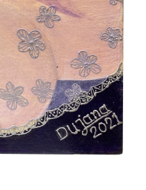 Artist signature Dujana 2021 on hand-painted Syrian wall art.