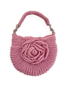Rose pink crochet handbag with 3D floral rose motif and chain handle.