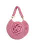 Front view of a pink rosette crochet handbag with a 3D floral design and loop handle.