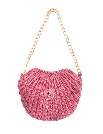 Blush pink handmade crochet shell bag with gold chain strap.