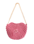 Blush pink handmade crochet shell bag with gold chain strap.